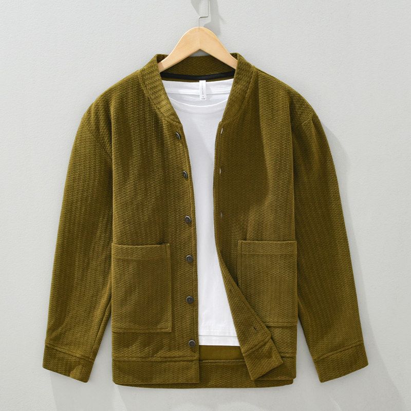 Corduroy Jacket Casual Kapok Stand Collar Knitted Cardigan Olive green 3XL