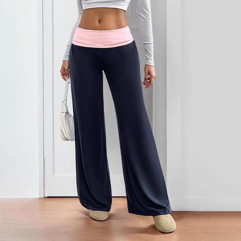 Women's Sweatpants Color Block Low Rise Fold Over Waist Baggy Wide Leg Pants
