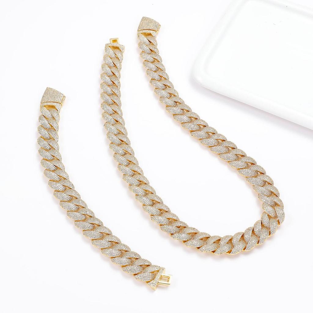 European & American 18MM Copper Cuban Chain Necklace with Zircon Pendant & Trendy Full Diamond Bracelet.