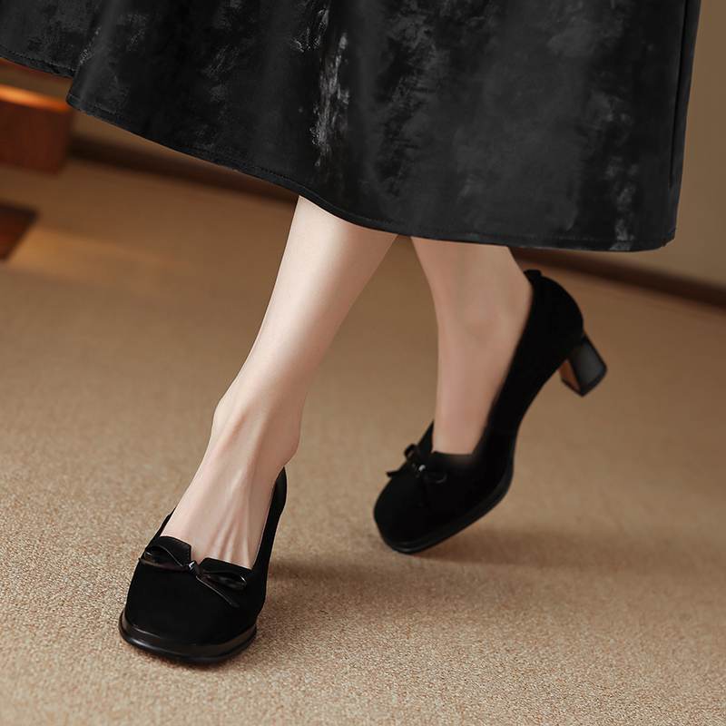 Krazing Pot Suede Round Toe Size 40 High Heels Slip On Platform Butterfly-knot Decoration Casual Autumn Shallow Pumps