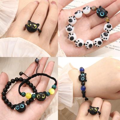 One Acrylic Bead Cartoon Big Eyes Black Cat Beads Wake Lion Carved Beads for DIY Bracelet Craft Jewelry Making