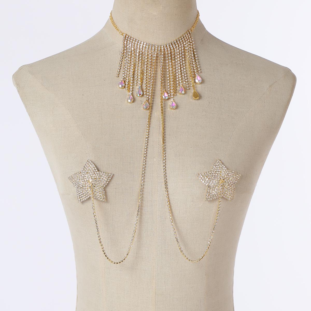 

2023 Shiny Rhinestone Star Tassel Bustier Necklace Body Chain золотой