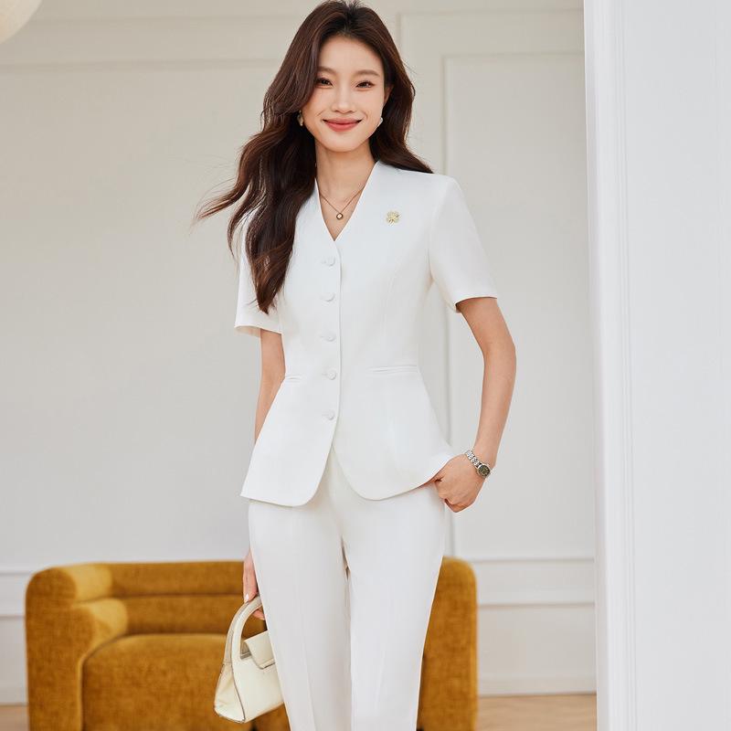Women's Navy Blue Short-Sleeved Collarless Suit Set - Summer Workwear for Jewelry Shop Sales.