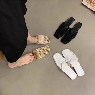 Neue Damen Hausschuhe Flache Sohle Großes Mesh-Obermaterial Eckige Zehenpartie Damen Pantoletten Kleid Täglicher Weg zur Arbeit Römisch Zehenbedeckt Zapatillas De Mujer