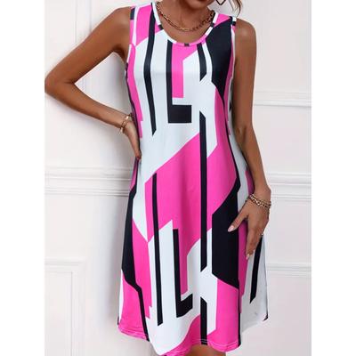 Vestido com decote redondo e estampa geométrica, vestido casual sem mangas para primavera e verão, roupas femininas