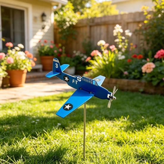 Metal Airplane Weathervane Outdoor Garden Wind Spinner Rotating Aircraft Yard Art Stake 3D Kinetic