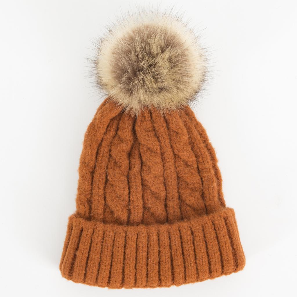 Thick Hemp Pattern Single-layer Hat Korean Style Autumn and Winter Women's Knitted Wool Cashmere Blend Solid Color Large Fur Ball Pullover Hat