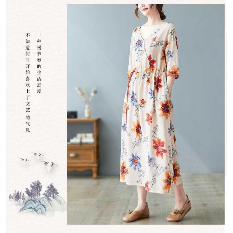 Nowe luźne plus size drukowane sznurki do wiązania w pasie etniczny styl dekolt w serek rękaw pięciominutowy literackie długie sukienki