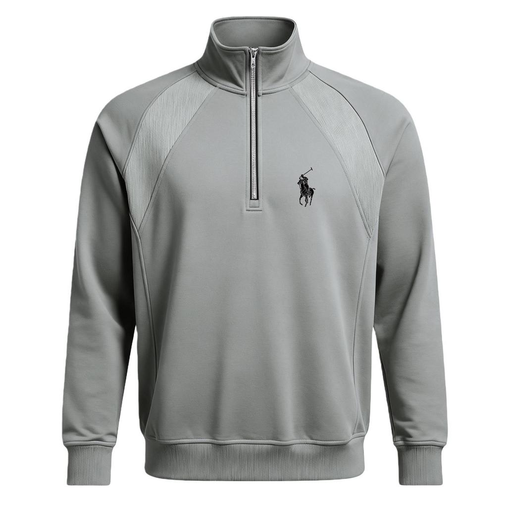 Autumn Men's Versatile Printed POLO Stand Collar Half-Zip Plus Velvet Casual Sports Sweatshirt Jacket