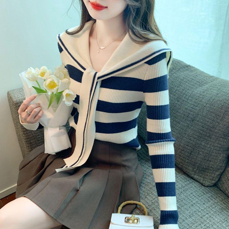 Preppy Style Korean Autumn/Winter Women's Sailor Collar Striped Contrast Color Button Fashion Loose Long Sleeve Sweaters Tops