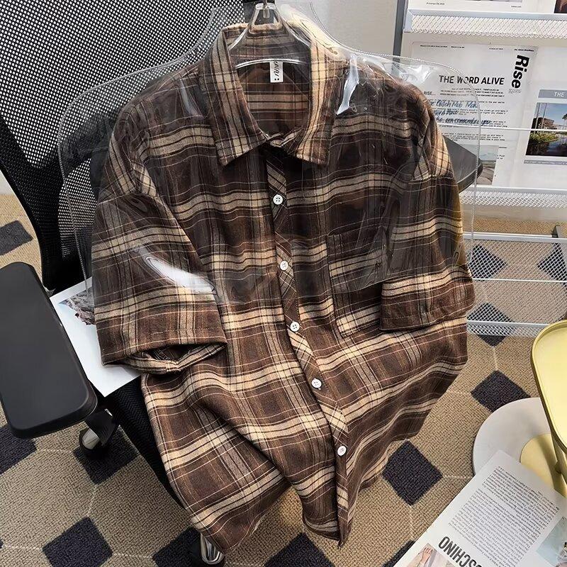 

Летние Ретро Свободные Повседневные Рубашки с Рукавами Пять Четвертей Клетчатые Рубашки Куртка Мужские Рубашки XXXL коричневый