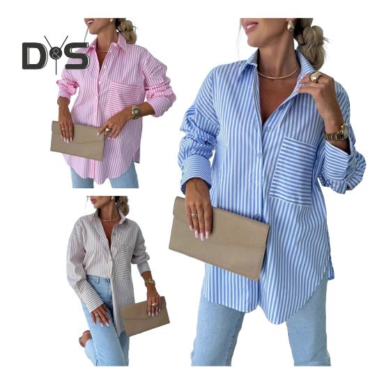 Damen-Shirt mit Revers, langen Ärmeln, gestreiftem Druck, lässige Oberteile, Knopfleiste, unregelmäßiger Saum, lockere Passform, Frühling/Herbst
