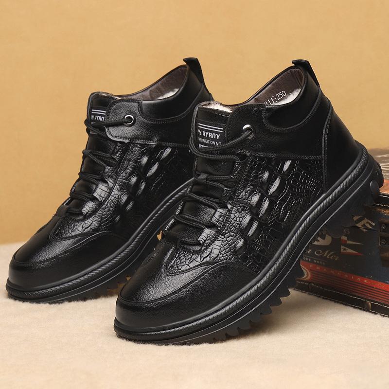 Crocodile pattern men's boots winter 2025 new cotton boots men's leather lace-up velvet thermal casual high-top leather boots