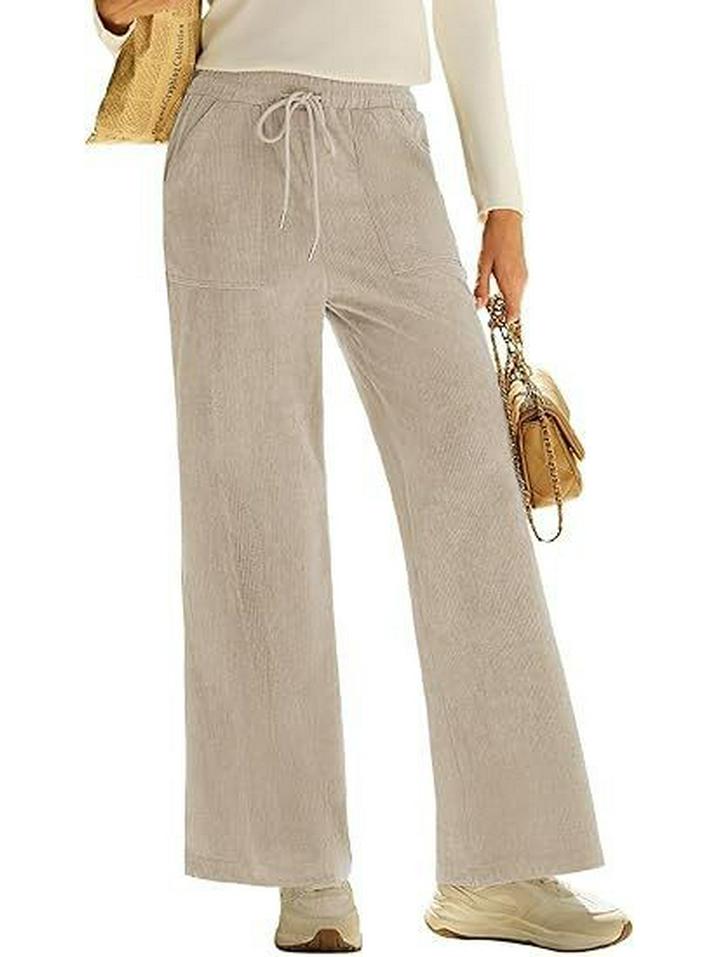 2026 Spring Elastic High Waist Lace-Up Corduroy Pants, Wide-Leg, with Pockets, Casual Long Trousers.