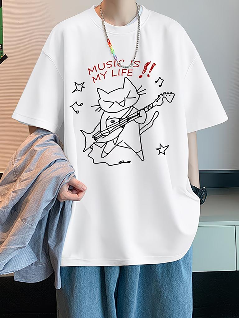Unisex Cute Cat Playing Guitar Print T Shirt MUSIC IS MY LIFE Letter Graphic Tees Oversized O Neck Short Sleeve Top Streetw