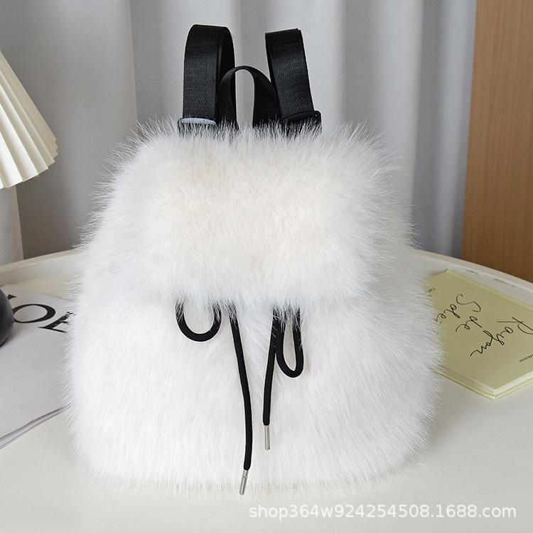 Mochila de Pelúcia Y2k Feminina Pequena Fofa com Cordão Leopardo Fofa Bolsa Macia Liso Lã Mochila de Lã Quente de Inverno Mini Mochila de Pele Sintética