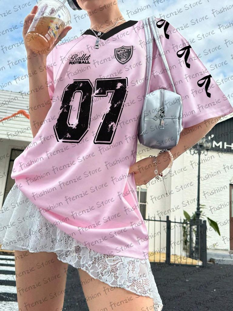 Fashion Bow Print V-neck Top, Retro European and American Trendy Women's Clothing, Loose Casual Street Style Short Sleeve