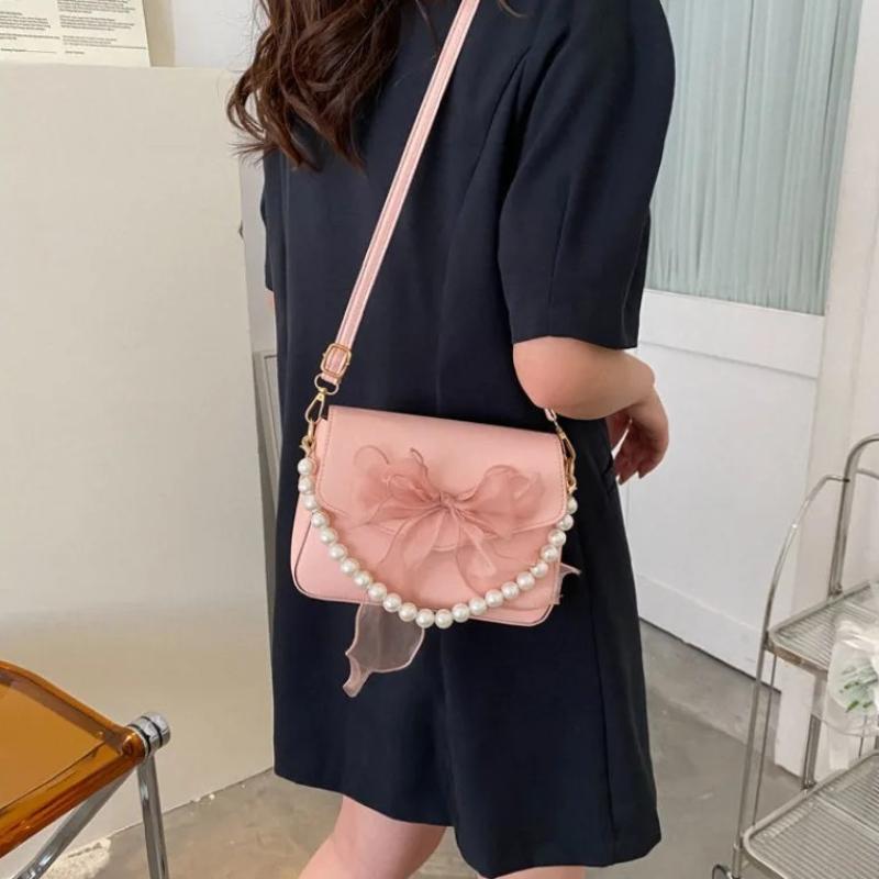 Fashi Lace Bow Single Shoulder Handbag, Korean Fairy Gentle Style Pearl Crossbody Bags, Versatile for Commuting and Banquets