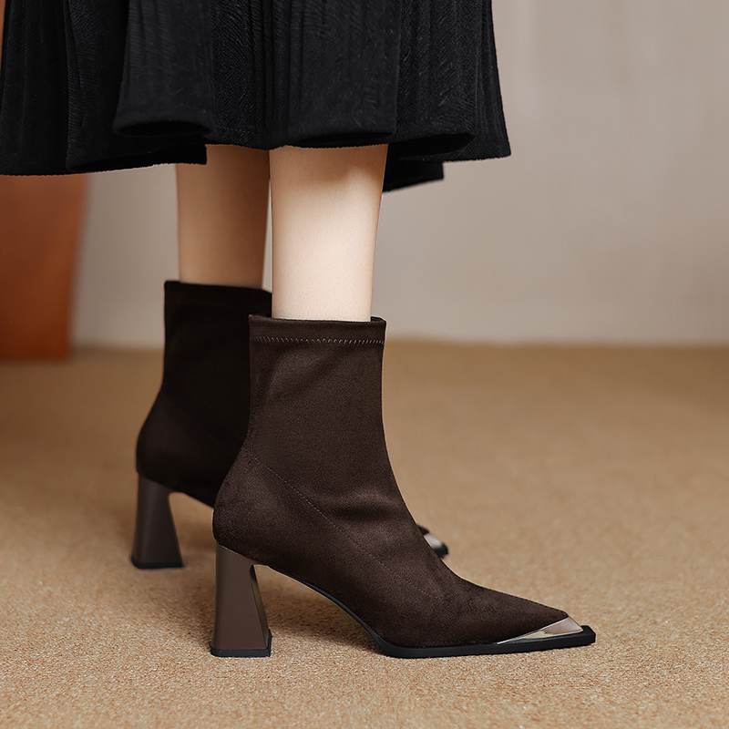 Krazing Pot Flock Autumn Winter Shoes Metal Decoration Thick High Heels Big Size 40 Modern Boots Square Toe Keep Warm Slip On Ankle Boots