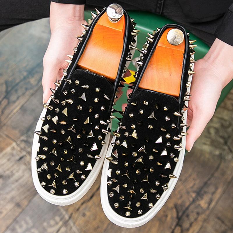 Fashion Trend New Men's Gold Slip On Punk Rivet Loafter Leisure Leather Shoes Male Comfortable Sneakers Tenis Masculino Zapatos Hombre