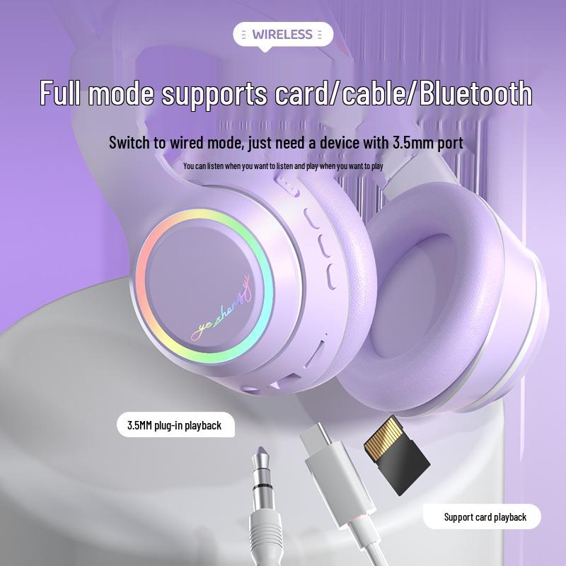 Luminous Cat Ear Bluetooth 5.3 Headphones with Card Slot for Gaming and Online Classes
