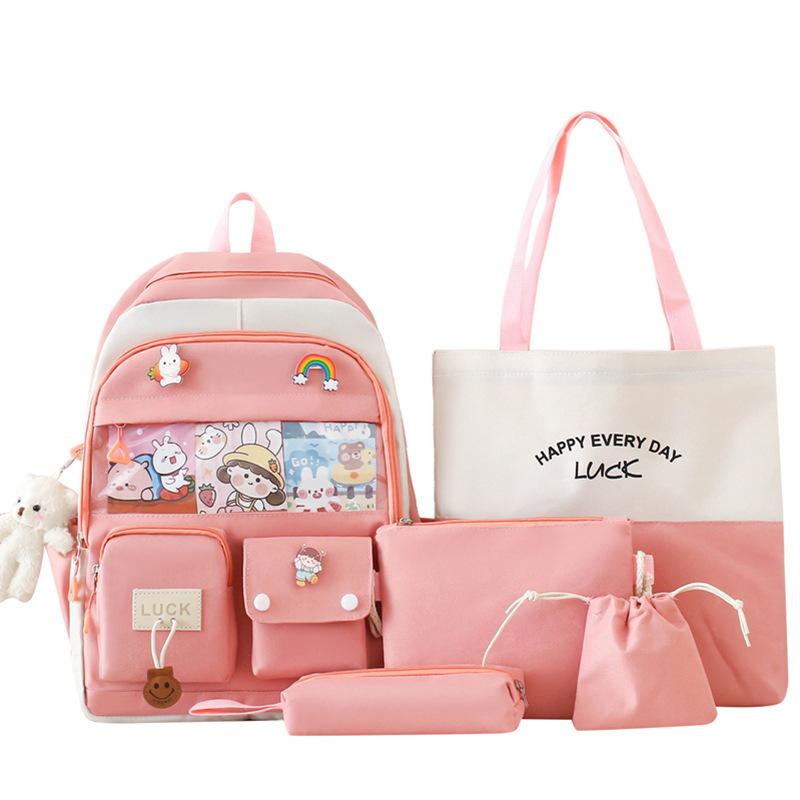 Five-Piece Backpack Set Women's Color Block Backpack Student Schoolbag Large Capacity Backpack