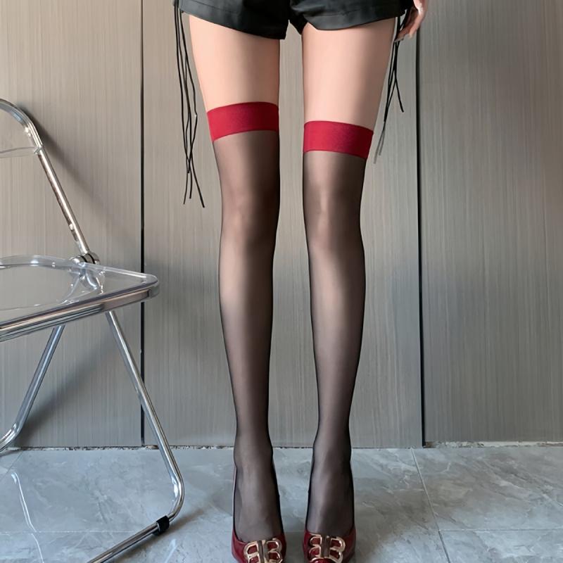 Sexy Ultra-Thin Color-Block Stockings Pure Desire Over-the-Knee Thigh-High Socks Red Edge Black Stockings