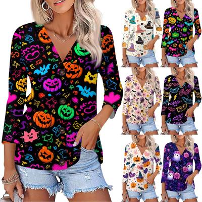 Women's Fashion Casual Print Button-down Shirt 3/4 Long Sleeve Tops