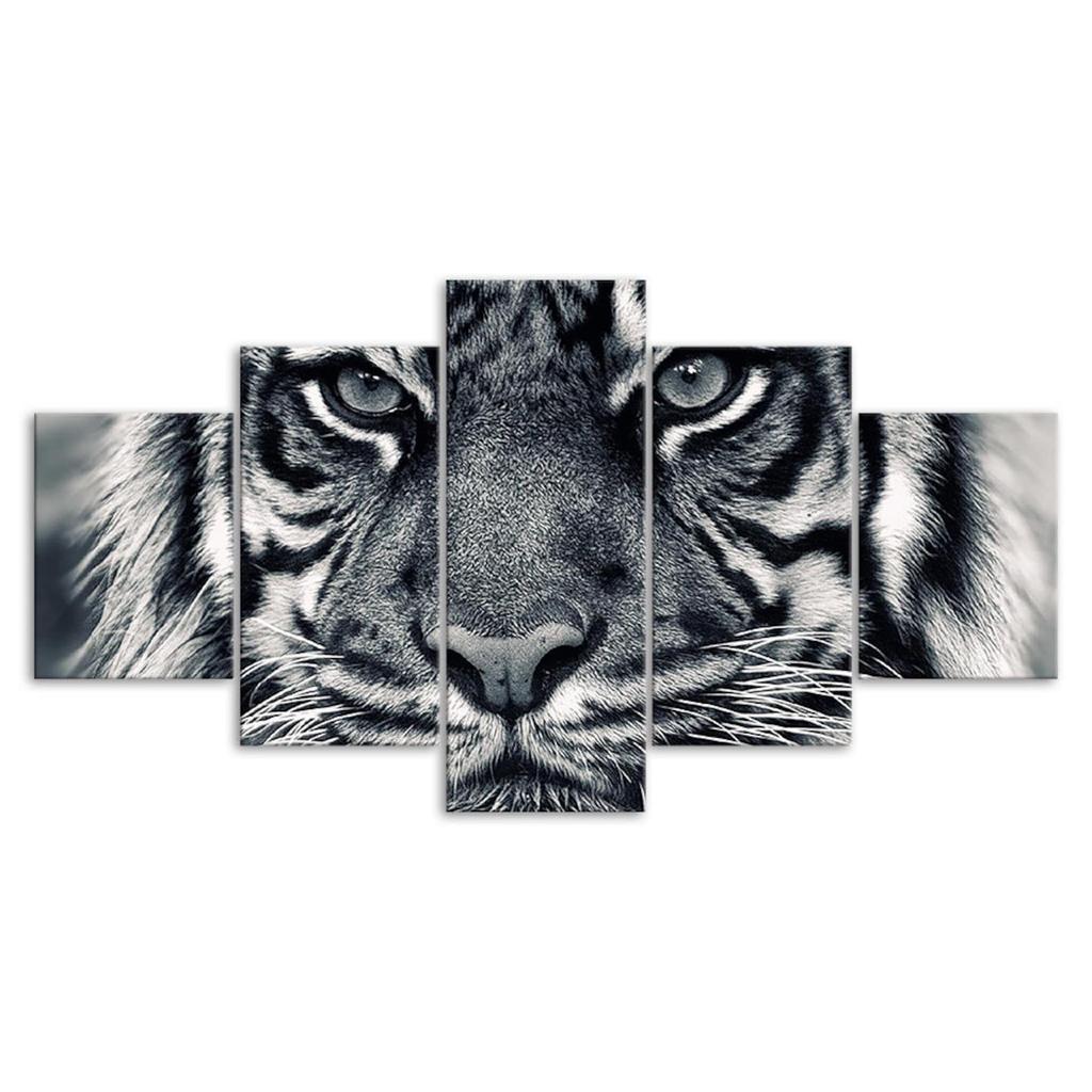 White Tiger Face 5 Piece Five Panel Wall Canvas Print Modern Poster Picture Home Decor Gift For Him For Her