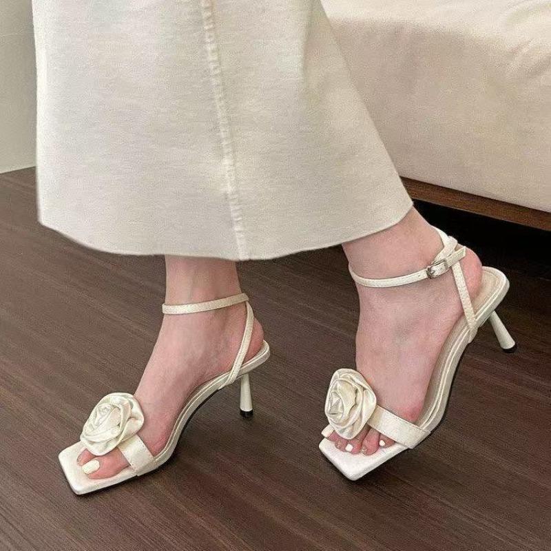 Fashion Stiletto Sandals Summer New Fashion Flowers Square Toe One Strap with Skirt Non-slip Temperament High Heels Women