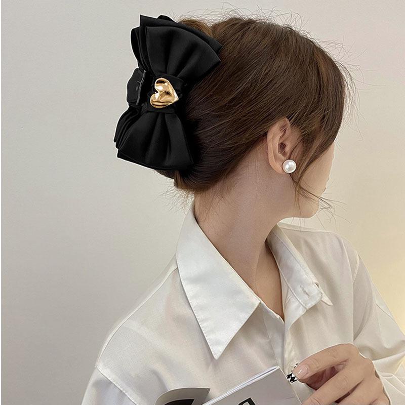 Large Distressed Black Flower Bow Claw Clip - High-End French Hair Accessory for Women