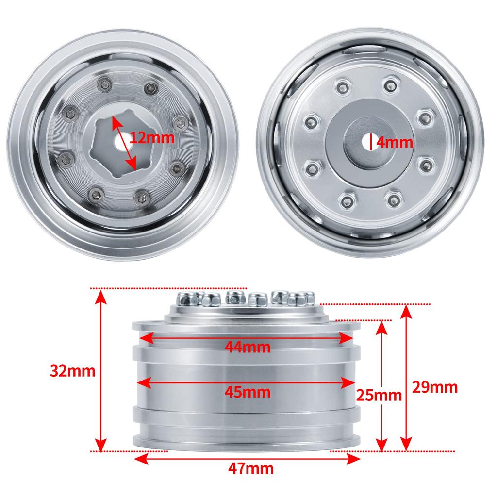 TRZX 1/14 Tamiya Tractor Trailer RC Car Aluminum Front Wheel Hub Rim Upgrade Parts (2 Pieces)