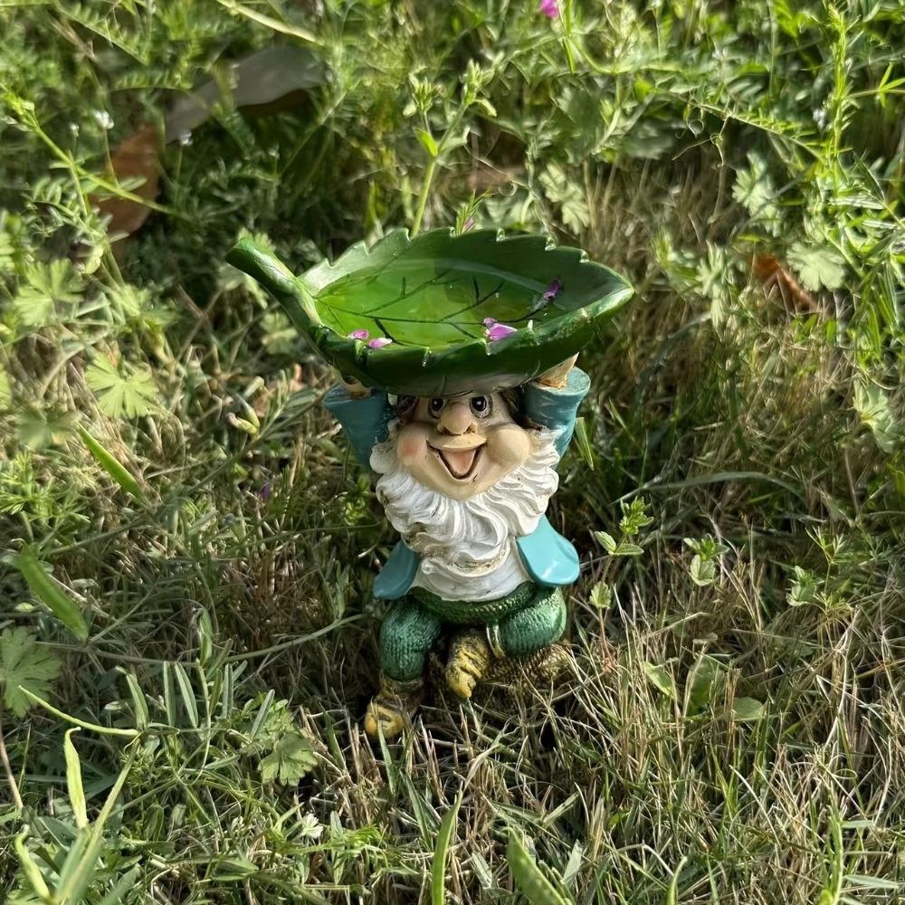 Cartoon Dwarf Sculpture Holding Leaves Garden Gnome Statue Unique Bird Feeder  Garden Decor