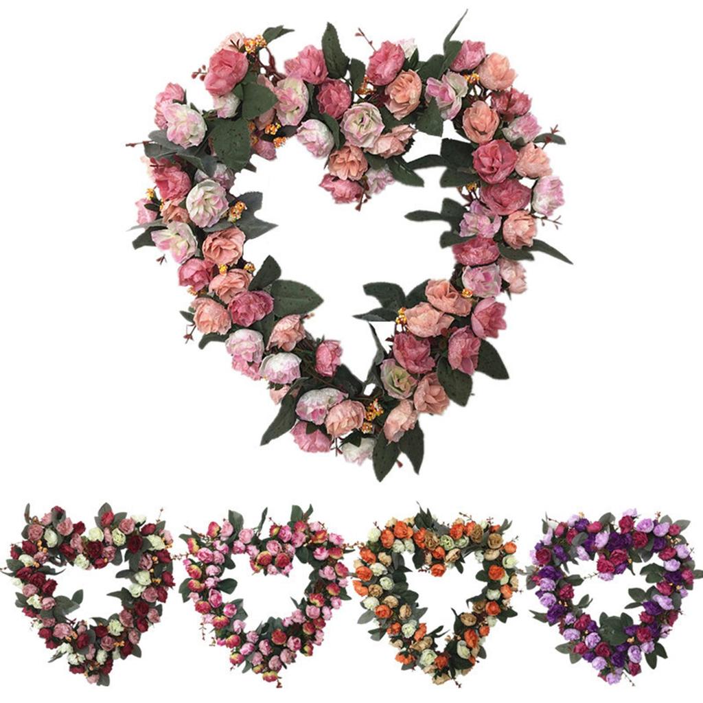 Heart-Shaped Rose Wreath Simulation Wall Hanging Knocker 14" Welcome Garland for