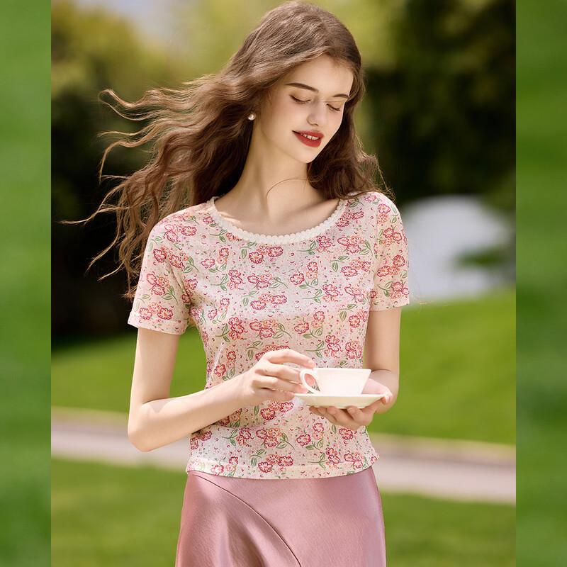 Bailuyu Sweet Round Neck Lace-Trim Short Sleeve T-Shirt L