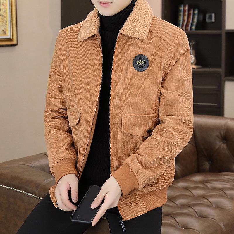 Men's Winter Corduroy Jacket with Lapel and Lamb Wool Collar - Thick and Warm Style