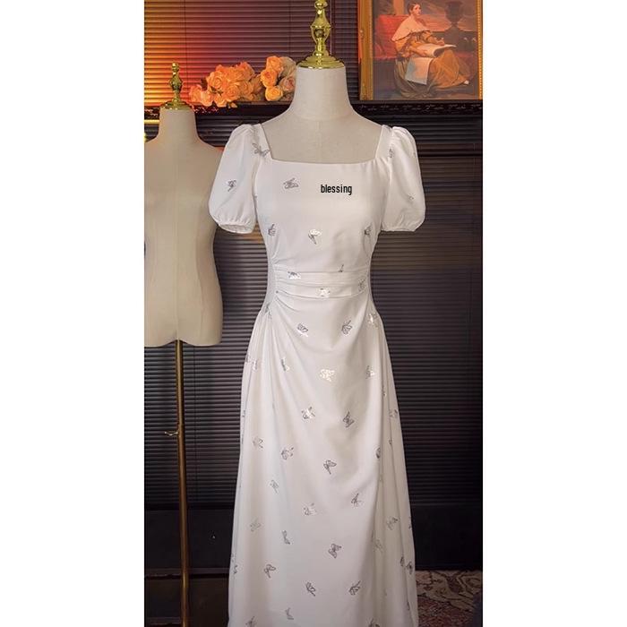 2026 Summer French Light Socialite Cinched Waist White Dress L белый
