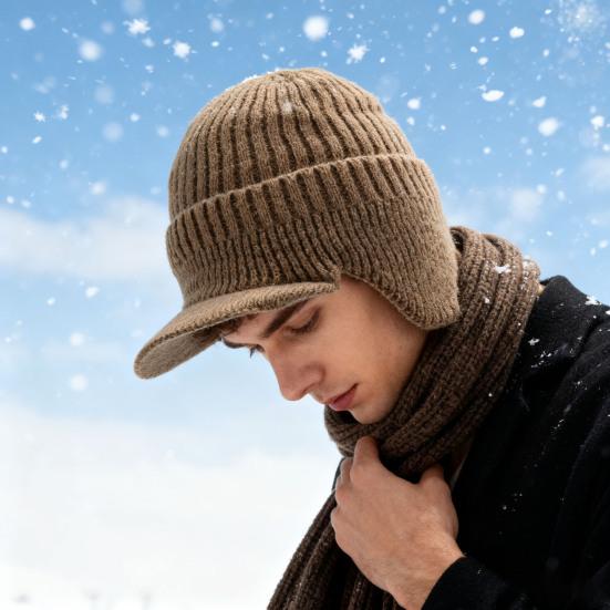 Winter Knitted Hat Solid Color Men Women Thickened Fleece Lining All-weather Hat Cold Weather Outdoor Headwear