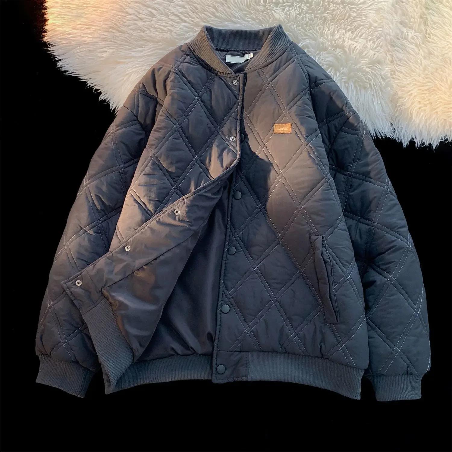 

Хлопковая куртка в ромбовидную клетку, женская свободная хлопковая куртка-бомбер, винтажное зимнее хлопковое стеганое пальто с воротником-стойкой для пар XXXL чёрный