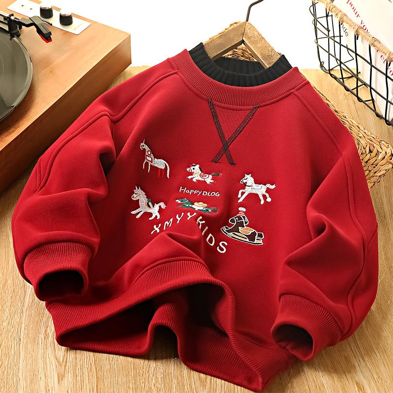 Children s Unisex Chinese New Year Hoodie with Velvet - Red Festive Pullover 110