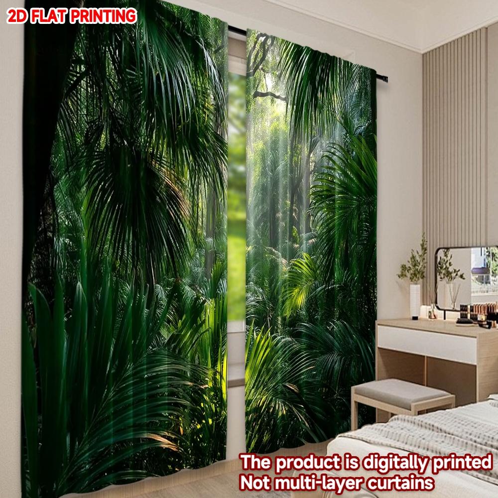 Set Of 2 Tropical Jungle Curtains Digital Printing Sunlight Through Dense Green Leaves Natural Fresh Bedroom Living Room Decor Curtain Polyester Ideal