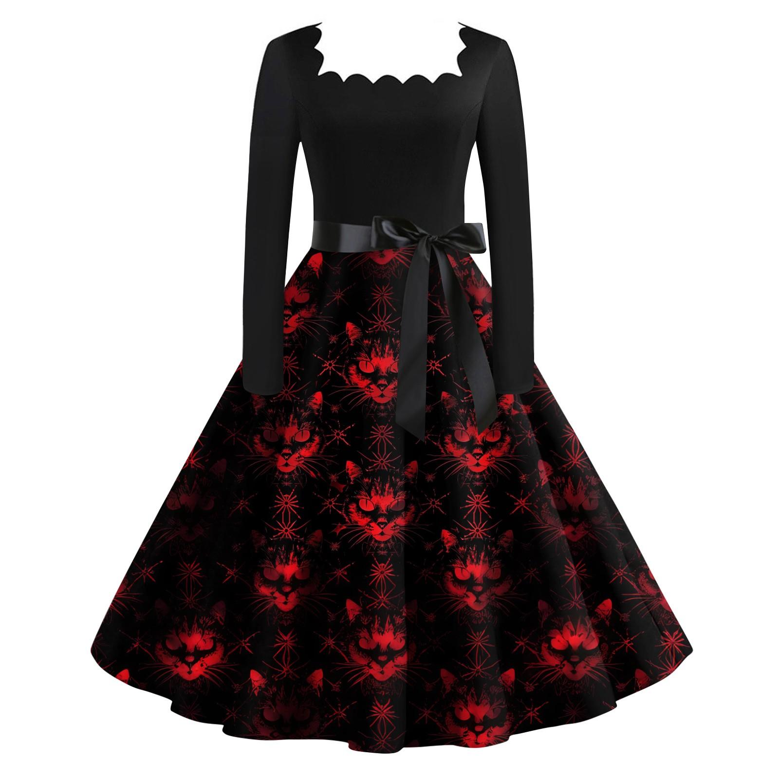 

Женское модное ретро вечернее платье с длинным рукавом и квадратным вырезом с принтом на Хэллоуин XL винный