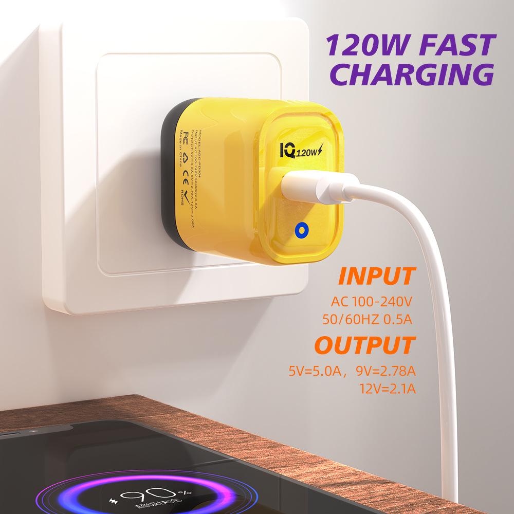 120W Cross-Border USB Fast Charger - European, American, UK Standard, Amber Yellow