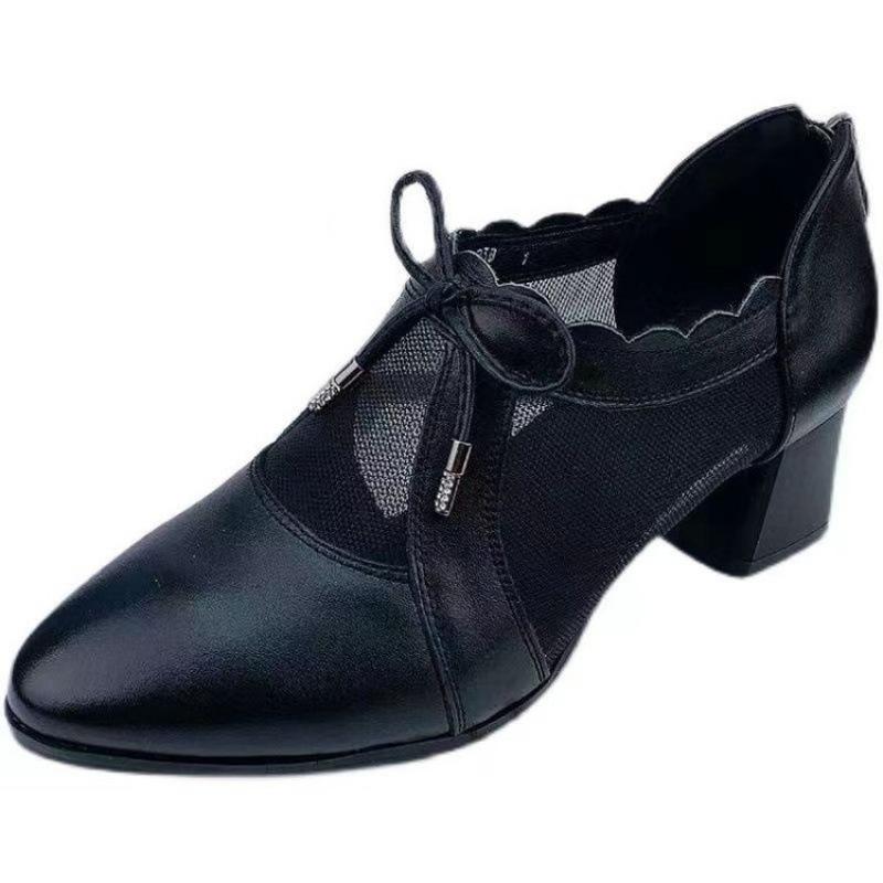 2025 spring and summer new mid-heeled sandals women's summer mother summer mesh hollow single shoes thick heel middle-aged lady