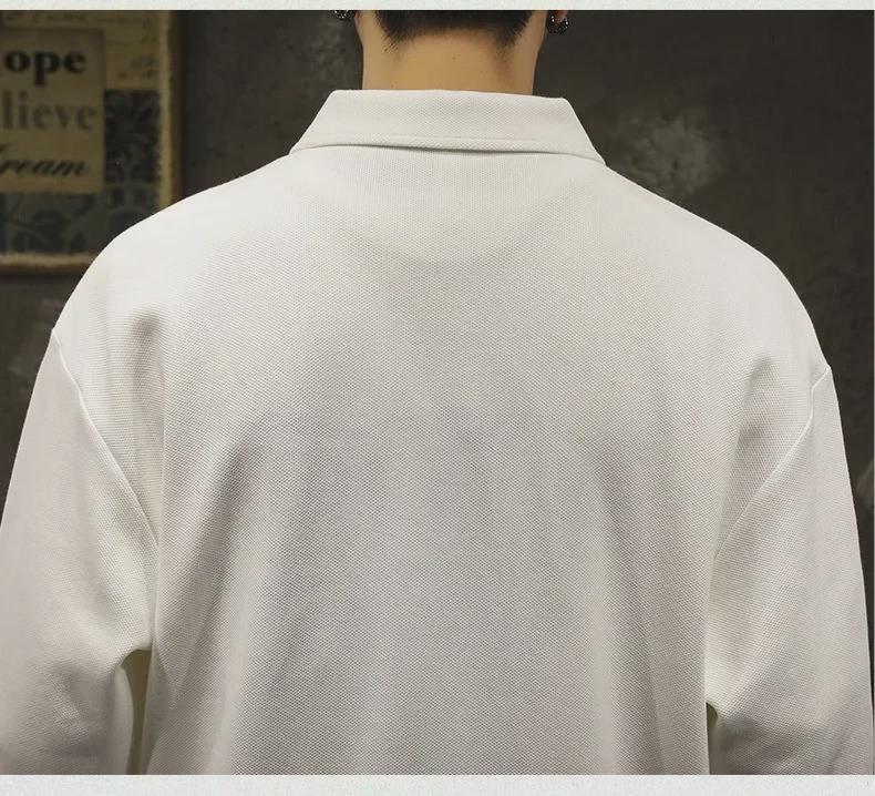 Men's White Chinese Cotton Polo Sweater: Long Sleeve, Velvet-Lined, Autumn/Winter.