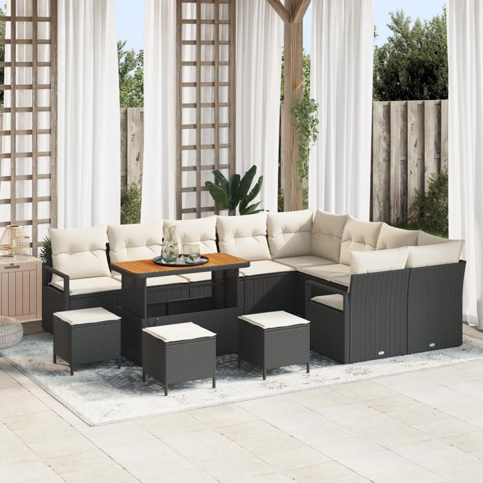 Ensemble de Canapé de Jardin 13 pièces avec Coussins Noir Poly Rattan Acacia, Canapé de Jardin 2 Places avec Rangement 3364520