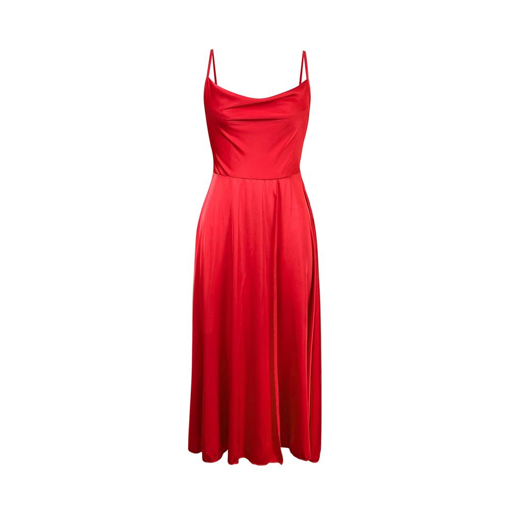 European and American simple high-end suspender satin evening dress drape big swing split dress women