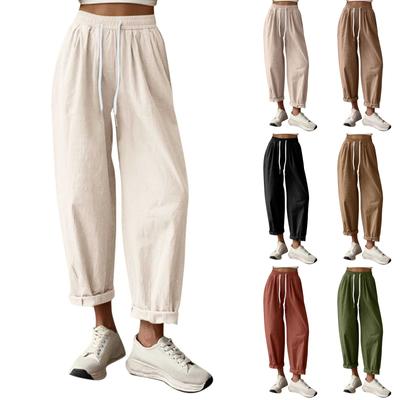 Lässige und modische Damenhose aus Baumwolle und Leinen mit Kordelzug, Taschen und weitem Bein