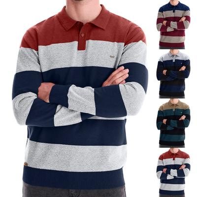 Men's Winter Color Blocked Striped Lapel Button Slim Fit Long Sleeve Top