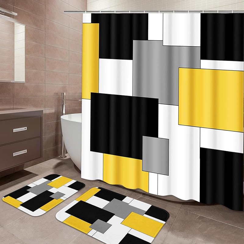 Red and Black Shower Curtain Set Geometric Bathroom Sets with Shower Curtain and Rugs, Grey and White Bathroom Shower Curtain Sets 3Pcs, Modern Red